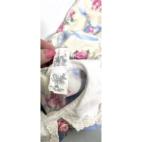 Vtg Cottage core Baby Prairie Twirl Dress Bow Collar Girl Cabbage Rose Lace Trim - Picture 10 of 11